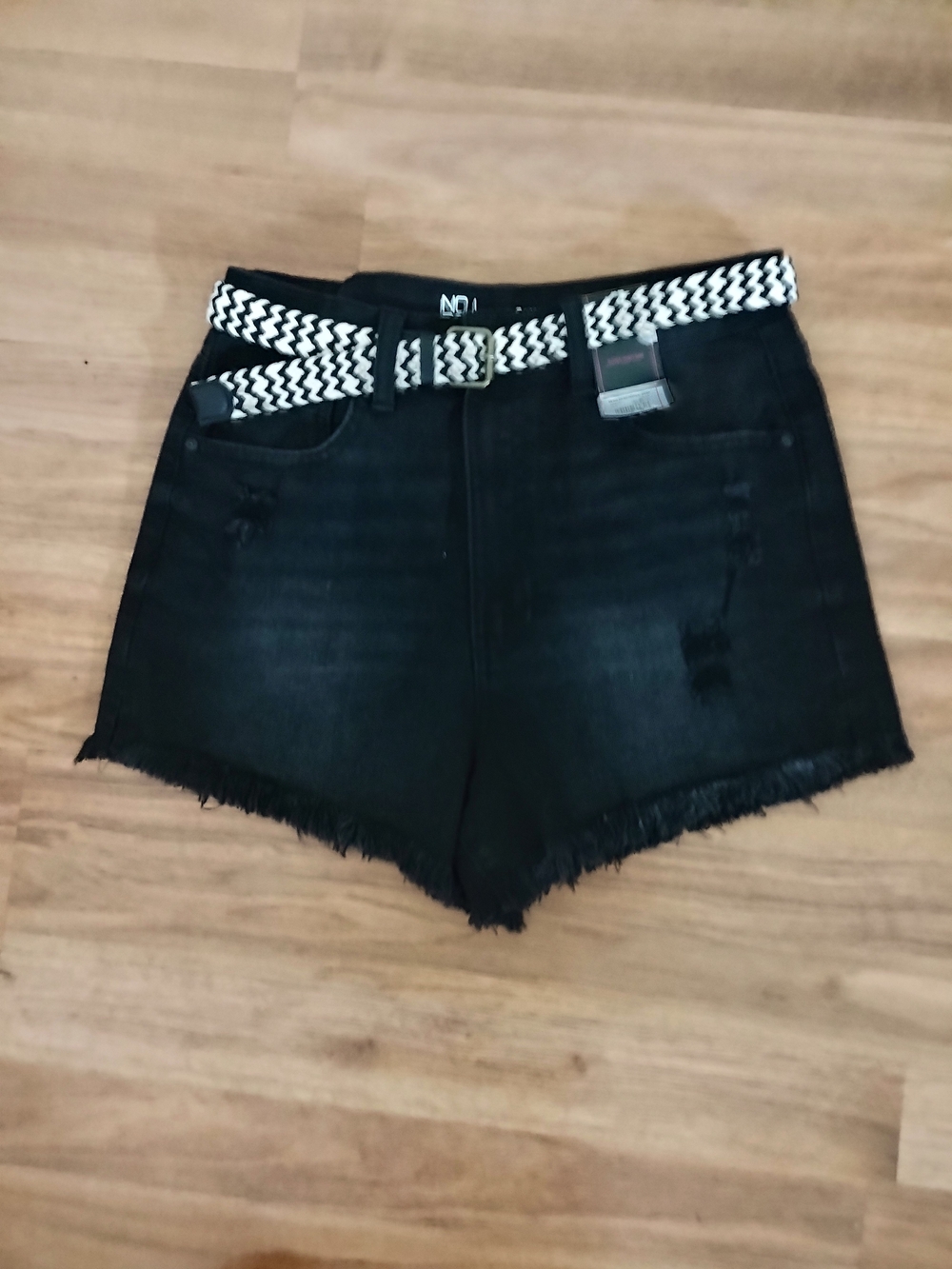 NWT Black High-Waist Frayed Denim Shorts with Woven Belt, Size 11